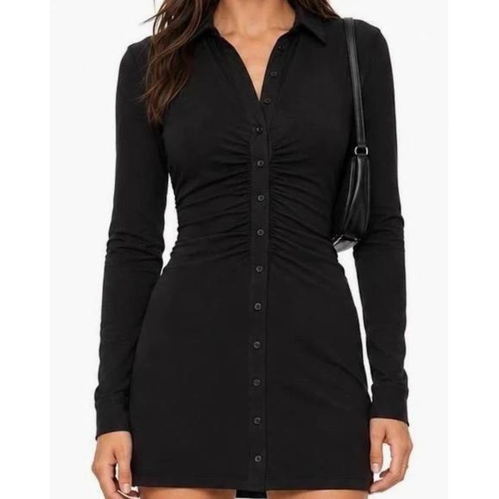 With Jean Andy Dress Long Sleeve Ruched Button Front Mini Dress L Night Out Chic